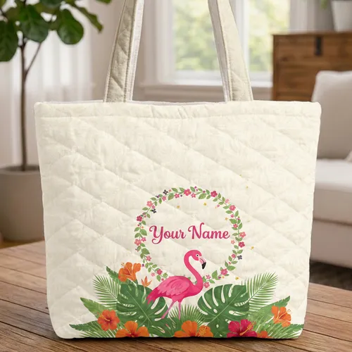 Flamingo Tropical Hibiscus Swirling Leaves Name Wreath - Wildlife Lover Gift Quilted Tote Bag