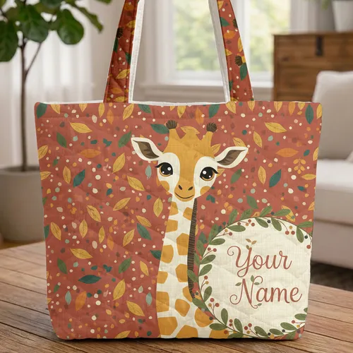 Baby Giraffe Personalized Name Floral Wreath Leaf Shapes - Wildlife Lover Gift Quilted Tote Bag