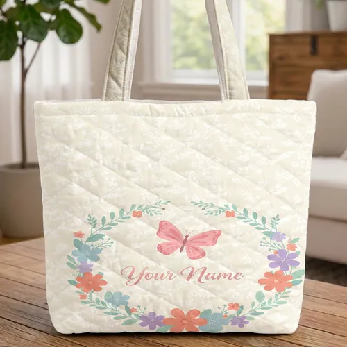Pink Butterfly Floral Wreath Your Name Pastel Flowers Silhouettes - Butterfly Lover Gift Quilted Tote Bag