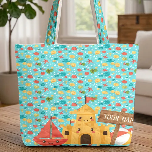 Seashell Starfish Ocean Waves Sandcastle Sailboat - Everyday Travel Gift Quilted Tote Bag