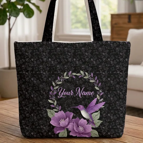 Hummingbird Purple Flowers Sage Leaves Floral Wreath Swirling Vines - Wildlife Lover Gift Quilted Tote Bag