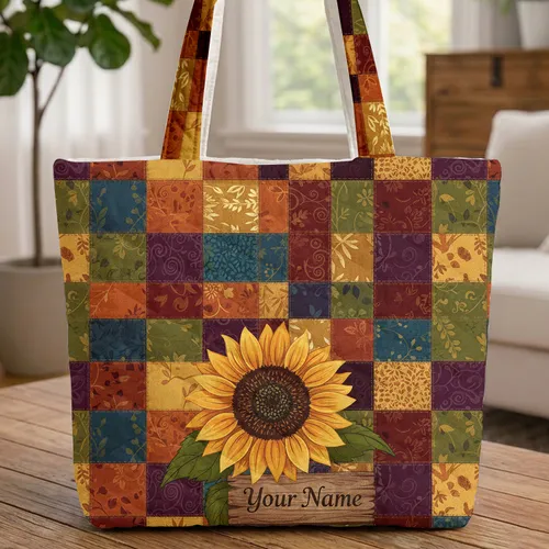 Personalized Sunflower Leaves Rustic Patchwork Weathered Sign - Farmhouse Home Decor Quilted Tote Bag