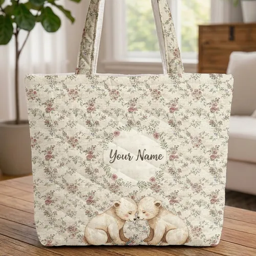 Baby Bears Roses Forget-Me-Nots Wildflowers - Everyday Use Gift Quilted Tote Bag