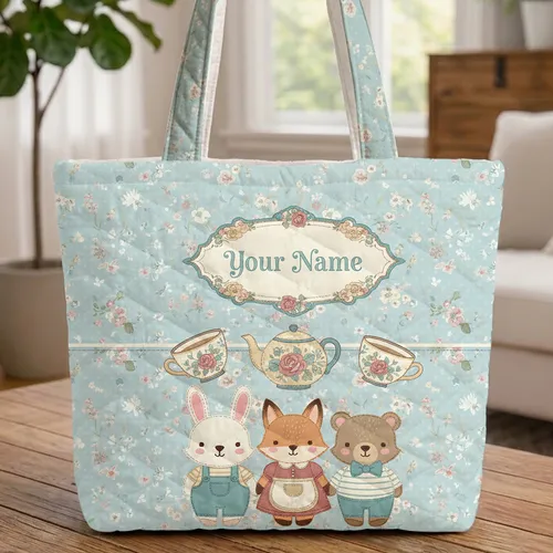 Personalized Vintage Teapots Teacups Floral - Everyday Gift for Tea Lover Quilted Tote Bag