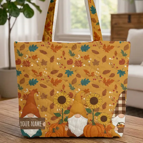Gnomes Pumpkins Sunflowers Rustic Wooden Sign Autumn Leaves - Fall Decor Everyday Tote Quilted Tote Bag