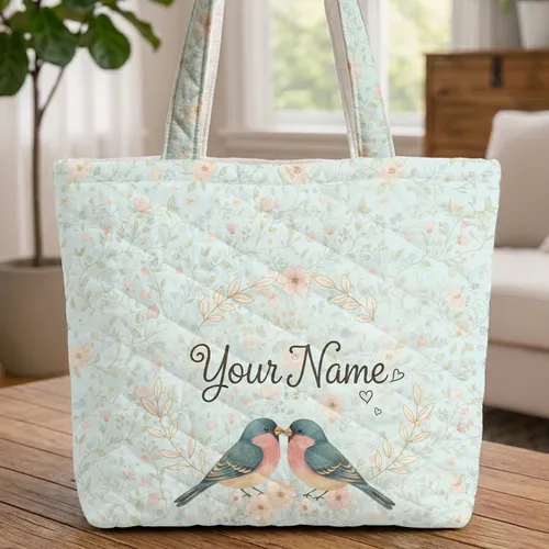 Nuzzling Finches Floral Wreath Personalized Name Swirling Vines Blossoms - Keepsake Gift Quilted Tote Bag
