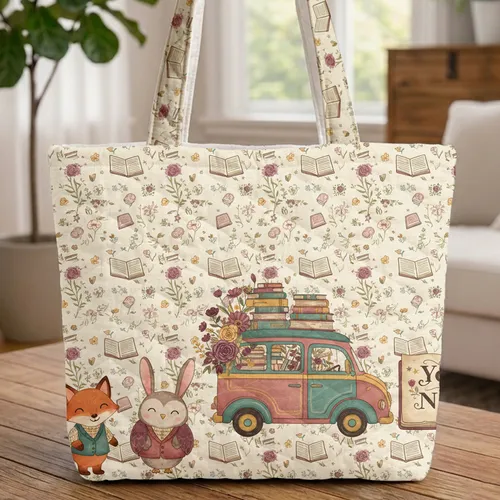 Vintage Book Van Open Book Colorful Flowers Leaves - Everyday Reader Gift Quilted Tote Bag