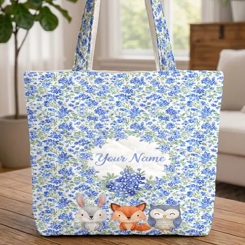 Bluebonnet Flowers Wildflower Wreath Personalized Name - Everyday Floral Gift Quilted Tote Bag
