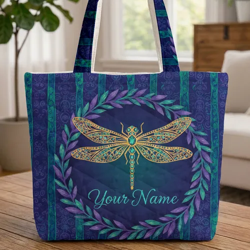 Golden Wing Jeweled Dragonfly Floral Wreath - Personalized Gift for Dragonfly Lover Quilted Tote Bag