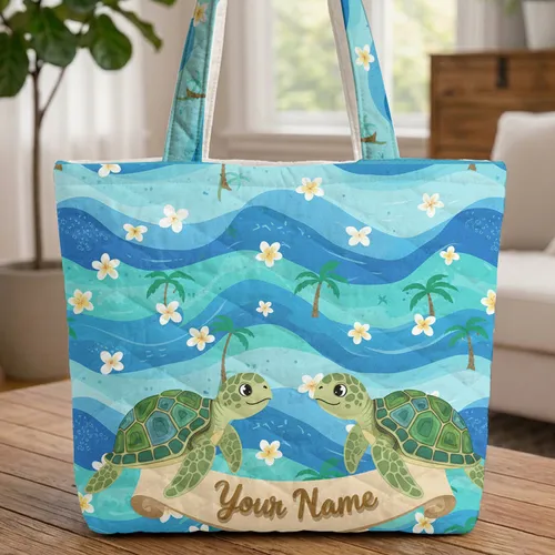 Sea Turtles Palm Tree Plumeria Sandy Beach Ocean Waves - Everyday Tote Ocean Lover Gift Quilted Tote Bag