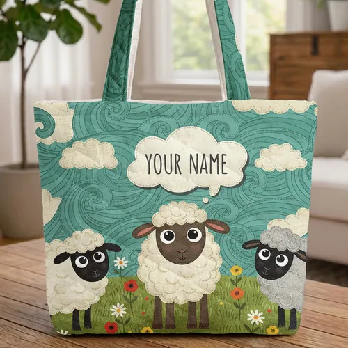 Three Fluffy Wool Sheep Wildflower Field Speech Bubble - Home Decor Gift for Child Quilted Tote Bag