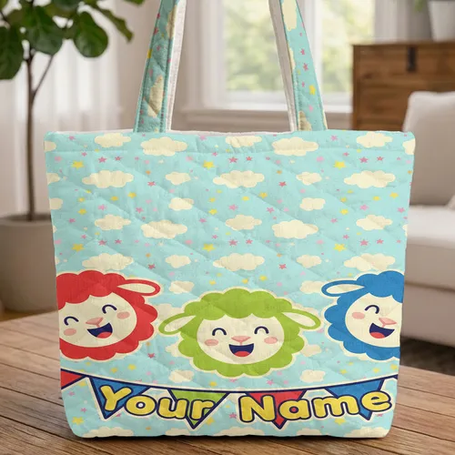 Three Cartoon Sheep Heads Clouds Stars Name Bunting - Everyday Tote for Kids Quilted Tote Bag