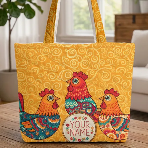 Personalized Three Folk Art Chickens - Farmhouse Home Decor Gift for Chicken Lovers Quilted Tote Bag