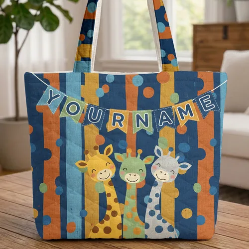 Baby Giraffes Personalized Name Bunting - Wildlife Lover Gift Quilted Tote Bag