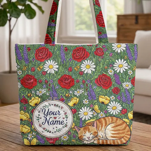 Sleeping Ginger Tabby Cat Wild Garden Name - Cat Lover Gift Quilted Tote Bag