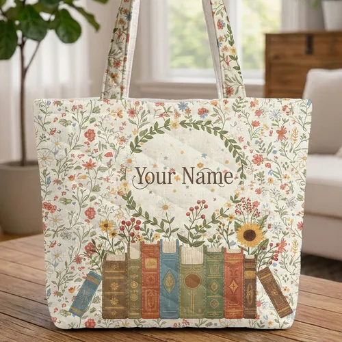 Vintage Book Spines Wildflowers Personalized Name - Bookish Keepsake Gift Quilted Tote Bag