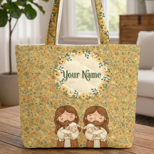 Jesus with Lamb Wildflower Sprigs Leafy Garland Wreath - Everyday Faith Gift Quilted Tote Bag