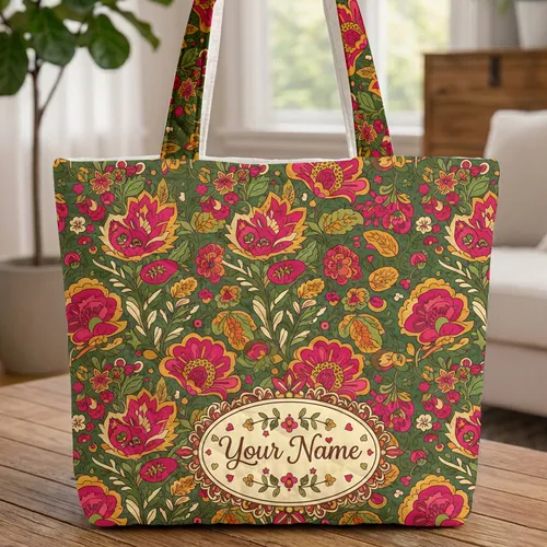 Folk Floral Berries Cursive Name Hearts Stars - Everyday Tote Gift Quilted Tote Bag