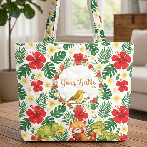 Tropical Finch Plumeria Hibiscus Floral Wreath - Nature Lover Gift Quilted Tote Bag