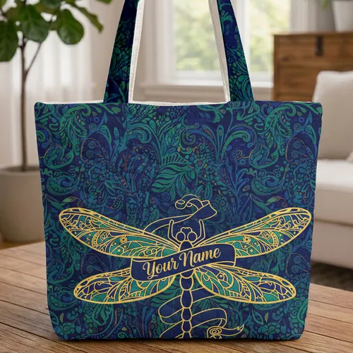 Swirling Organic Botanical Dragonfly Your Name Ribbon - Wildlife Lover Gift Quilted Tote Bag