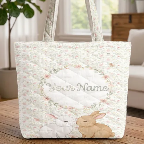 Baby Bunnies Nuzzling Floral Wreath - Nature Lover Gift Quilted Tote Bag