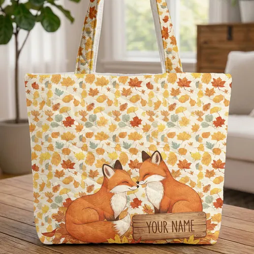 Nuzzling Foxes Autumn Leaves Wooden Sign - Wildlife Lover Fall Decor Quilted Tote Bag