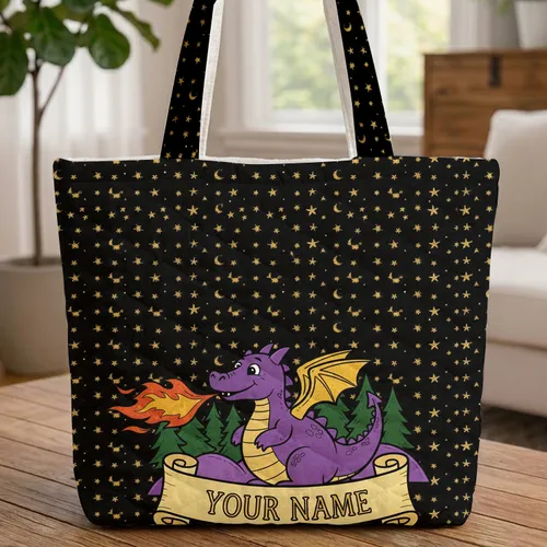 Purple Dragon Golden Wings Fiery Flames Pine Trees Hilly Landscape - Dragon Lover Gift for Fantasy Fans Quilted Tote Bag