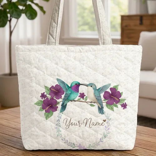 Hummingbirds Hibiscus Floral Sprigs Wreath Brown Branch - Bird Lover Gift Quilted Tote Bag