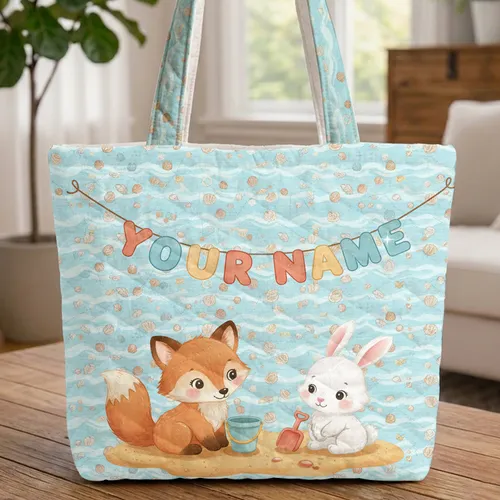 Baby Fox Bunny Beach Play Toys Bunting Ocean Waves Seashells - Summer Vacation Gift Quilted Tote Bag