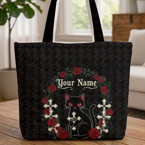 Black Cat Gothic Roses Crosses - Distinctive Gothic Everyday Carry Gift for Cat Lover Quilted Tote Bag
