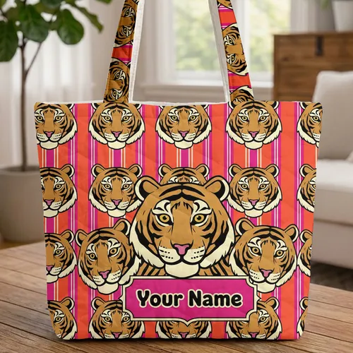 Tiger Portrait Vertical Stripes Vintage Plaque - Wildlife Lover Gift Quilted Tote Bag