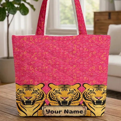 Fierce Tiger Busts Jungle Leaves Personalized Plaque - Wildlife Lover Gift Quilted Tote Bag