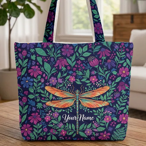 Personalized Dragonfly Wildflower Floral Wreath - Nature Lover Gift Quilted Tote Bag