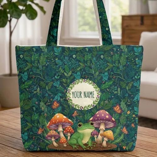 Green Frog Toadstools Butterflies Forest Leaves - Personalized Woodland Decor Quilted Tote Bag