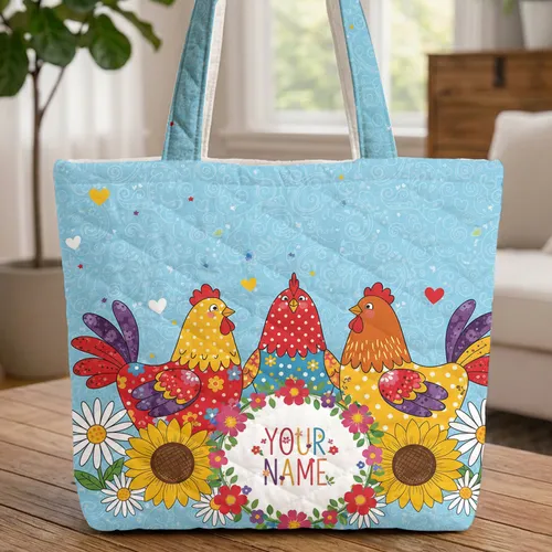 Floral Polka Dot Chickens Wreath Daisies Sunflowers - Farmhouse Home Decor Gift Quilted Tote Bag