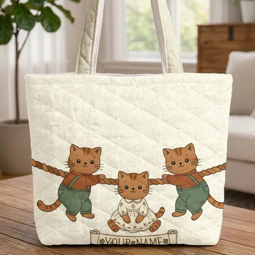 Storybook Kittens Rope Climb Personalized Name Scroll - Cat Lover Gift Quilted Tote Bag