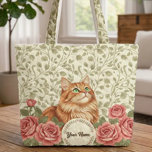 Ginger Cat Pink Roses Floral Wreath Personalized - Cat Lover Gift for Her Quilted Tote Bag