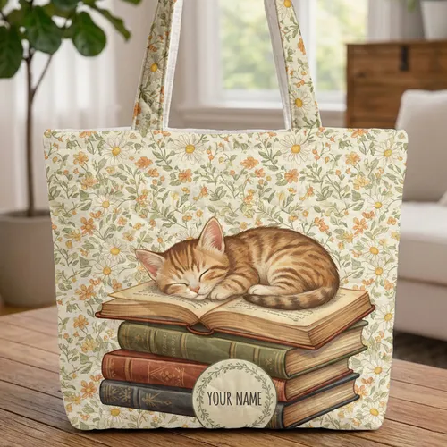 Sleeping Tabby Kitten Daisy Blossom Books - Book Lover Home Decor Gift Quilted Tote Bag