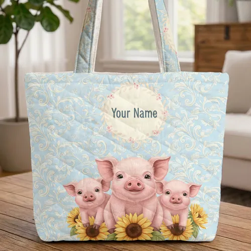 Farm Baby Pigs Sunflowers Swirling Floral Vines Leaves Floral Wreath Everyday Carryall Pig Lover Gift Quilted Tote Bag