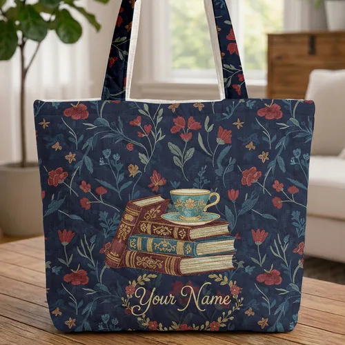 Wildflower Butterfly Vintage Books Teacup - Home Decor Gift for Book Lover Quilted Tote Bag