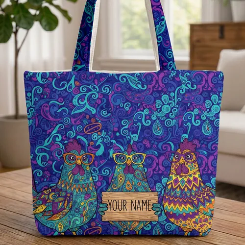 Chickens Eyeglasses Wooden Sign Botanical Paisley - Farmhouse Decor Chicken Lover Gift Quilted Tote Bag