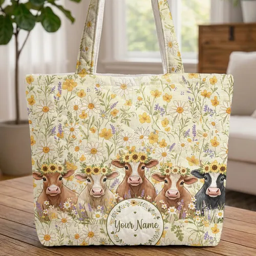 Cows Floral Crowns Personalized Name Wildflower Meadow - Farmhouse Cow Lover Gift Quilted Tote Bag