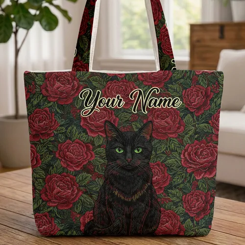 Regal Black Cat Green Eyes Red Roses Name - Cat Lover Home Decor Gift for Pet Owners Quilted Tote Bag