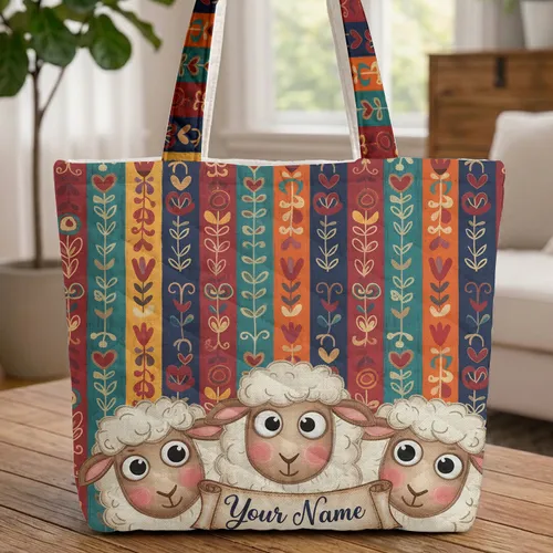 Sheep Faces Custom Name Vertical Stripes - Everyday Tote Home Decor Gift Quilted Tote Bag