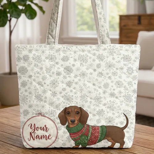 Dachshund Christmas Sweater Snowflakes Personalized Name - Holiday Dog Lover Gift Quilted Tote Bag