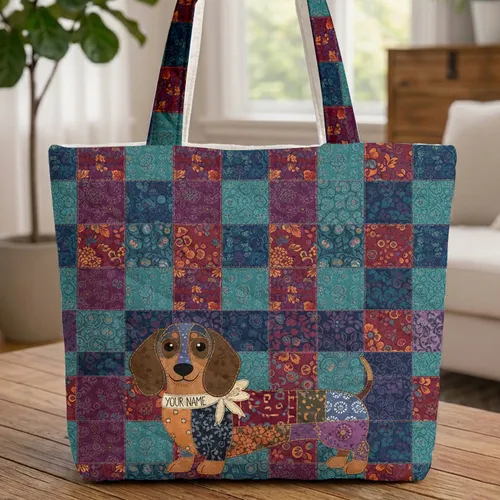 Jewel Tone Patchwork Ribbon Dachshund Dog - Dog Lover Everyday Housewarming Gift Quilted Tote Bag