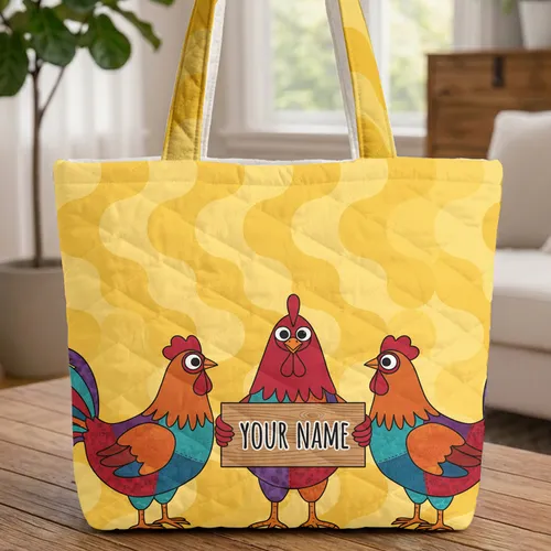 Patchwork Roosters Wooden Name Sign - Farmhouse Kitchen Decor Gift for Chicken & Rooster Lovers Quilted Tote Bag