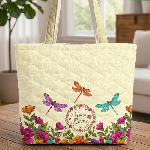 Purple Orange Teal Dragonflies Wildflowers Botanical Vines Garland - Nature Lover Gift Quilted Tote Bag