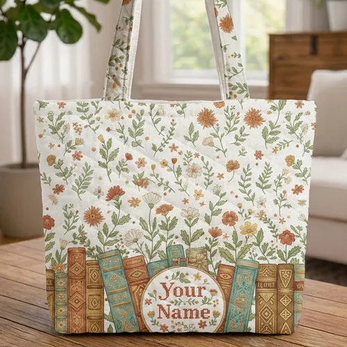 Ornate Vintage Books Wildflower Cross-Stitch Frame - Book Lover Decor Gift Quilted Tote Bag