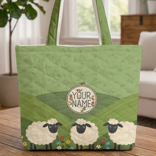 Personalized Three Sheep Wildflowers Hills Farmhouse Decor Gift Quilted Tote Bag